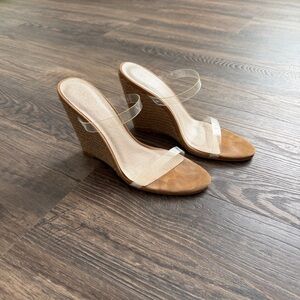 RAYE Clear-Strap Espadrille Wedges in Tan